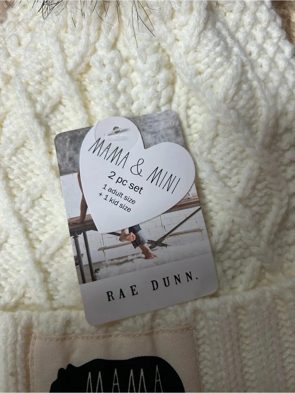 Rae Dunn Cream Cable Knit Mama & Mini Beanie Set with Brown Faux Fur Poms